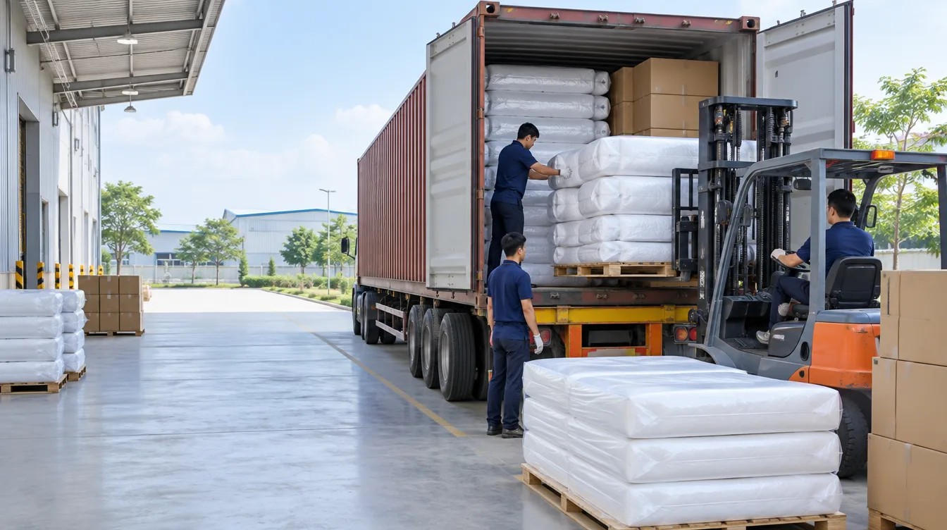 Nệm cuộn hút chân không được xếp lên container tại bến bốc hàng nhà máy