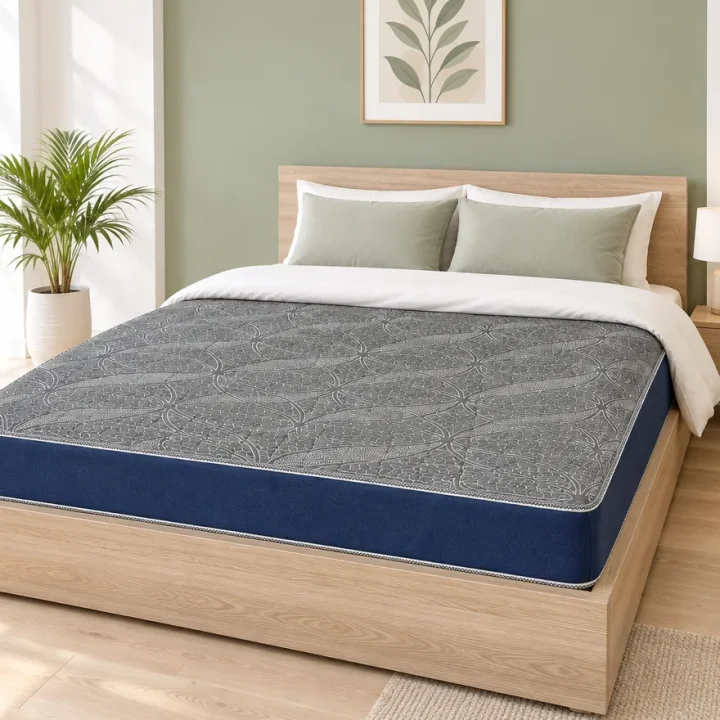 Nệm Atlantic Foam trên bục gỗ sồi, tường xanh lá nhạt