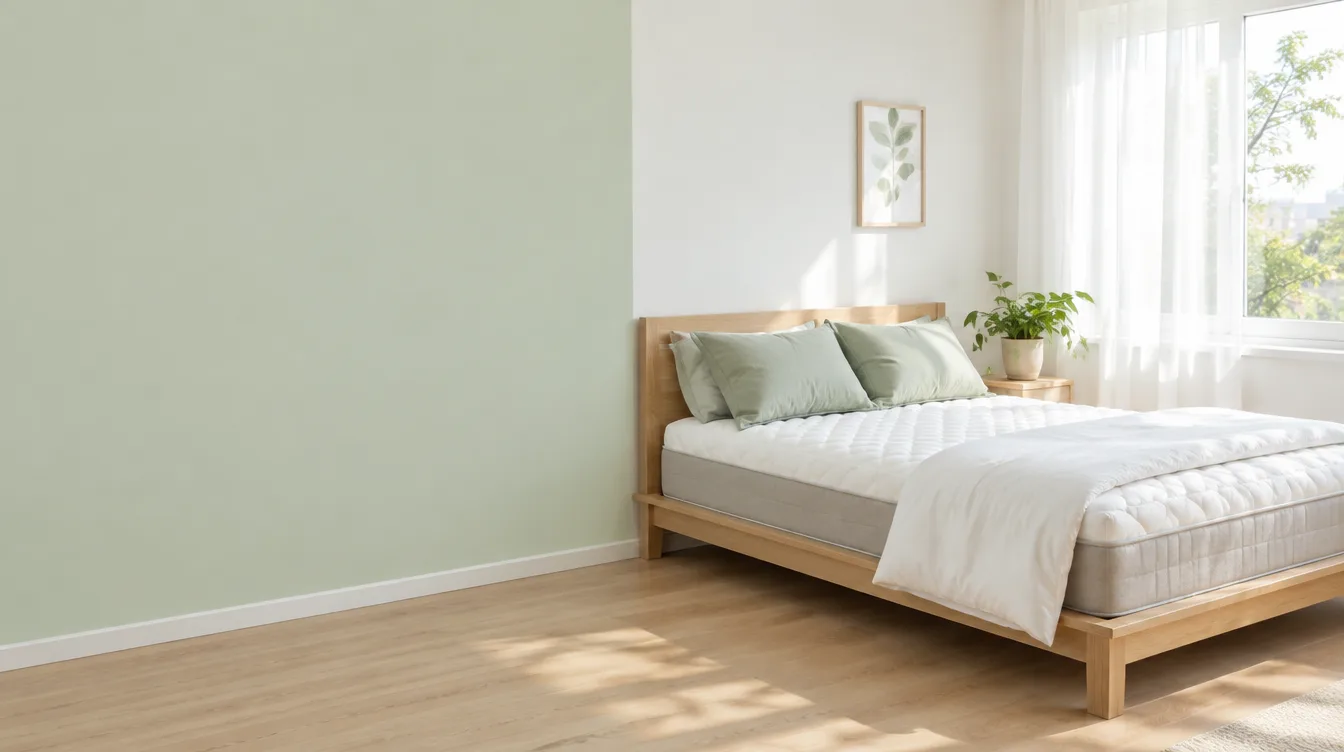 Phòng ngủ sáng với giường gỗ, nệm trắng và gối xanh nhạt