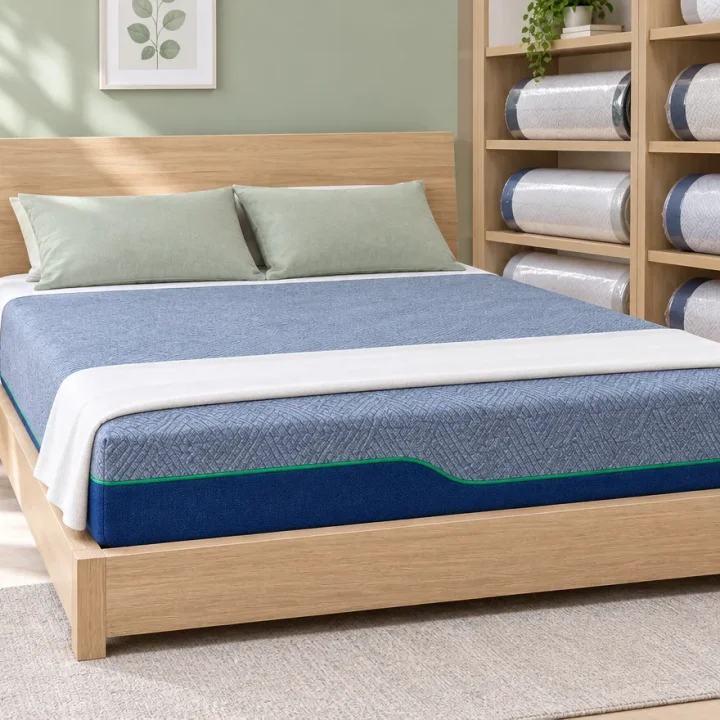Nệm Beautiful Foam trên giường gỗ, kệ nệm đóng gói phía sau