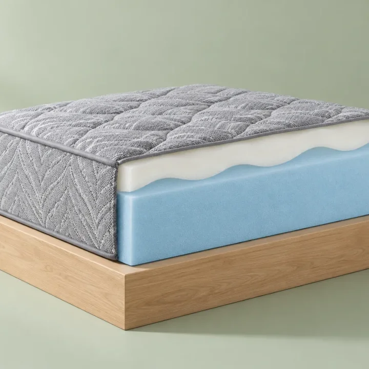 Mặt cắt nệm foam 3 lớp: áo gấm, lớp foam êm, lõi foam nâng đỡ