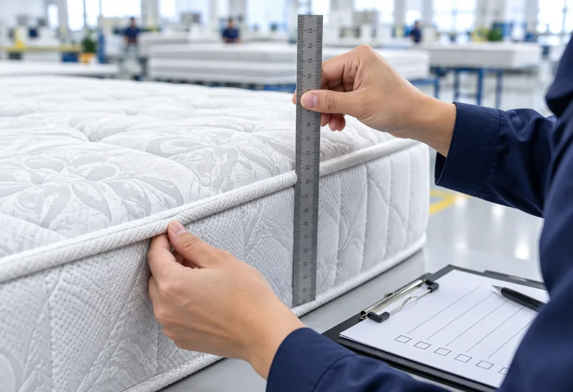 Nhân viên QC đo độ dày và kiểm đường viền nệm